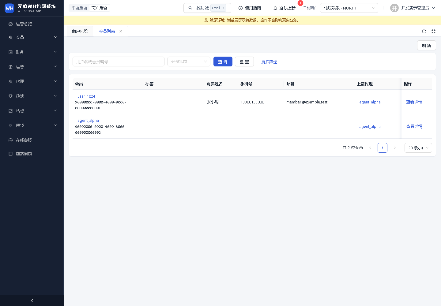 会员管理实际后台截图，使用演示数据