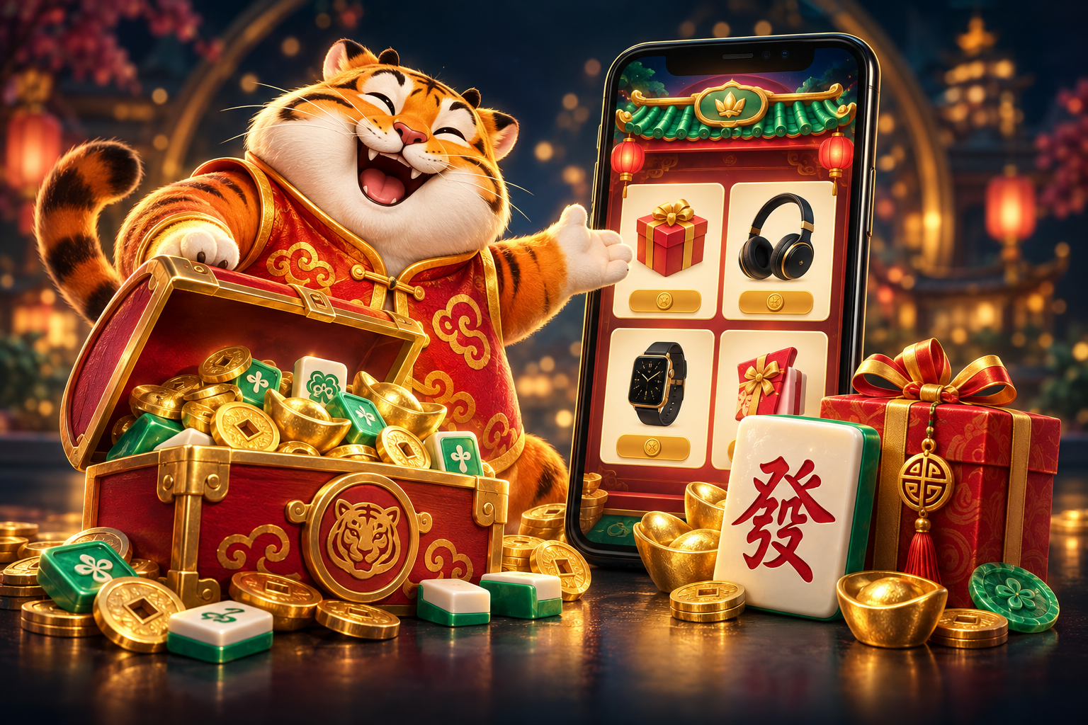招财虎、金币宝箱与手机奖励商城的游戏主题插画